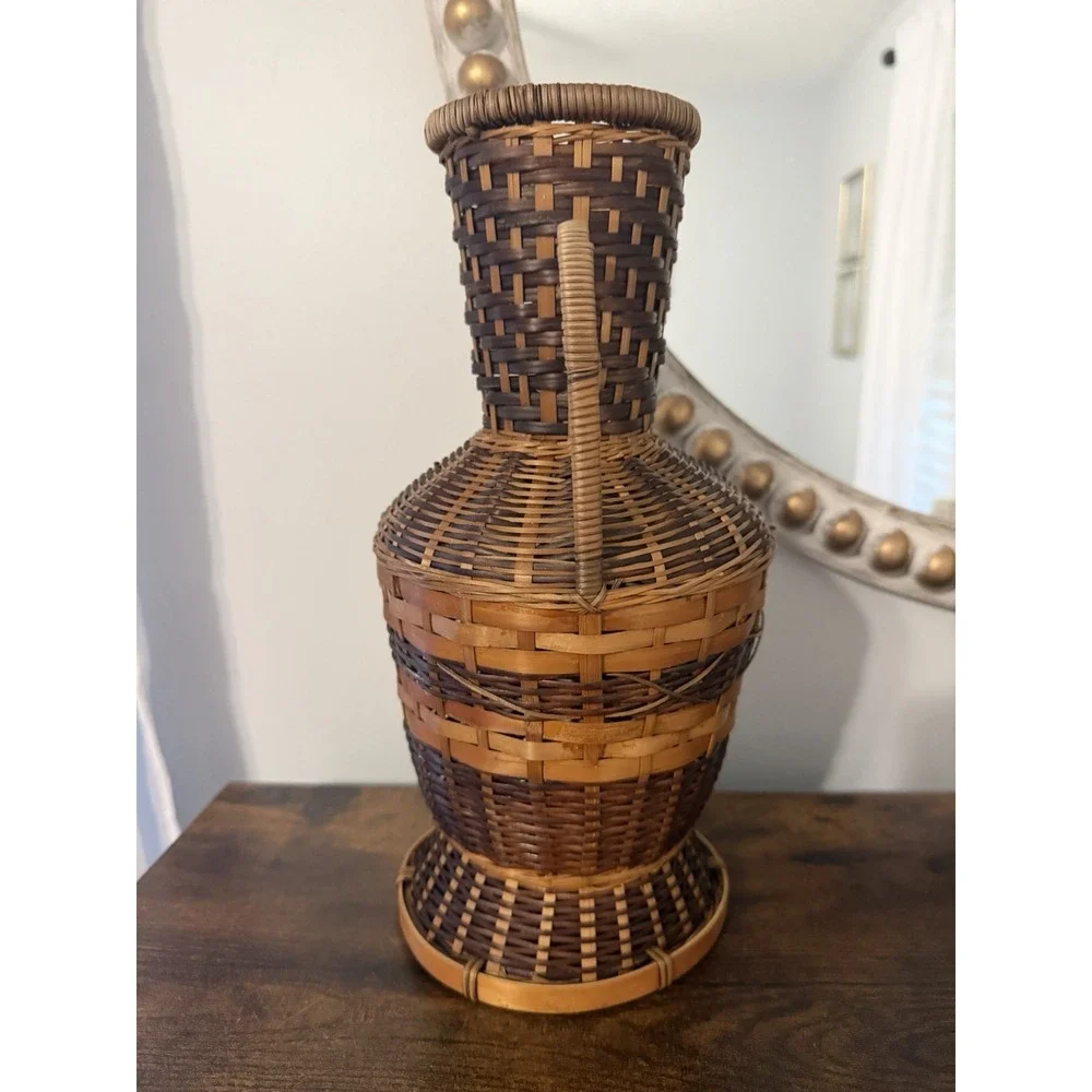 Vintage Handwoven Wicker Rattan Amphora Basket Vase Urn Two Tone Loop Handles